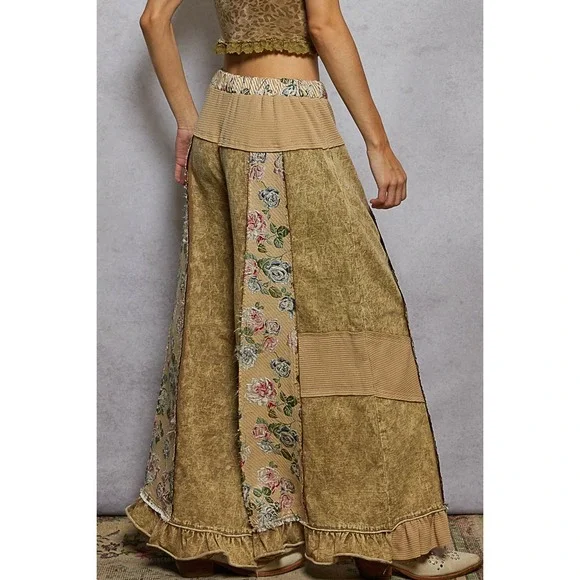 POL French Terry Patchwork Pants Ruffle Hem Floral Boho Acid Wash Tan Small - Picture 2 of 7